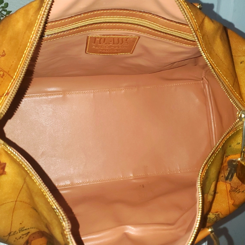 🇮🇹RAREALVIERO Martini Large Boston/speedy World Map Print Leather Duffel Bag🤎 - Picture 14 of 17